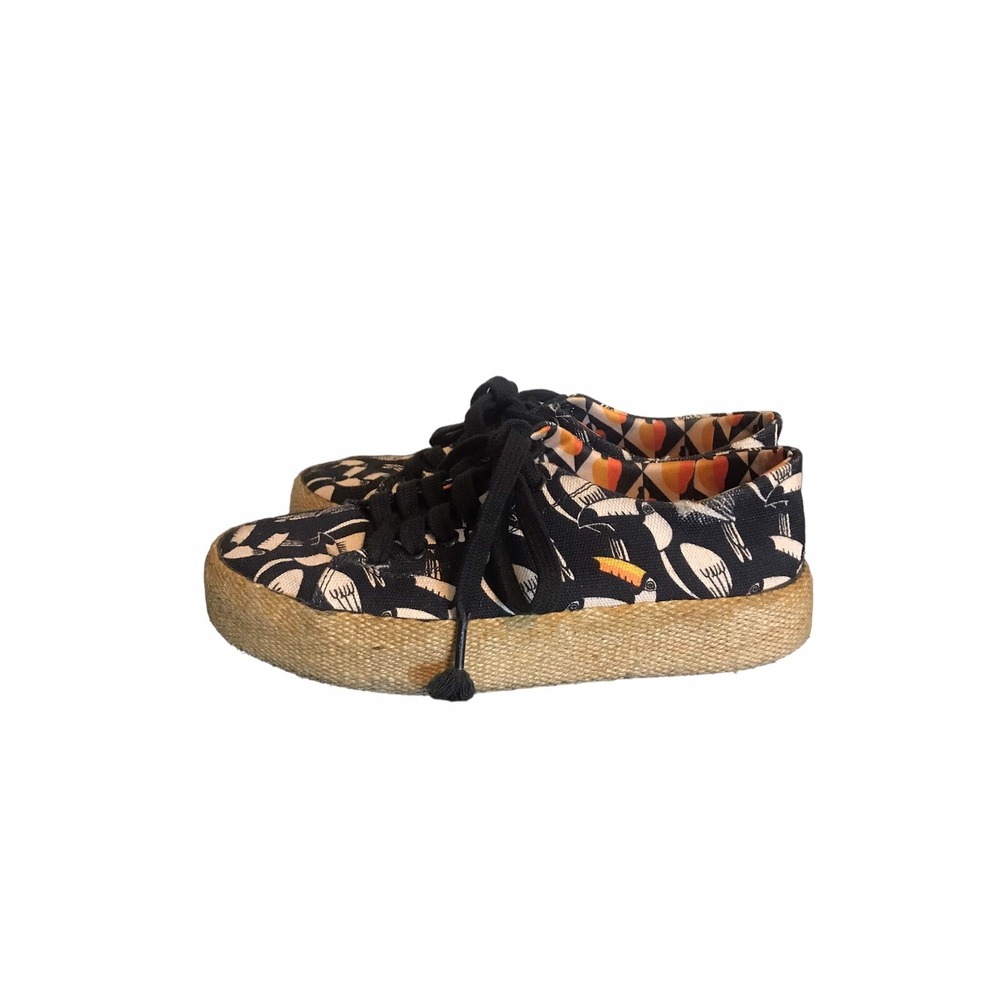 Farm Rio Canvas Sneakers Size 38 US 7 Black Toucans Yute Platform Espadrille